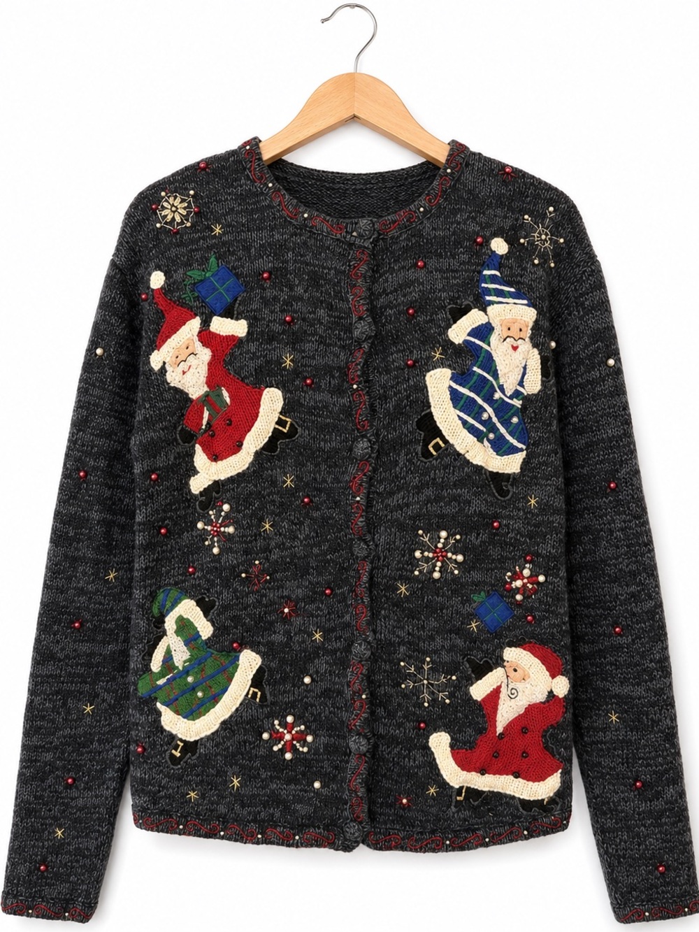 VTG 90s Whimsical Santa Speckled Knit Christmas Cardigan Sweater L kitsch party